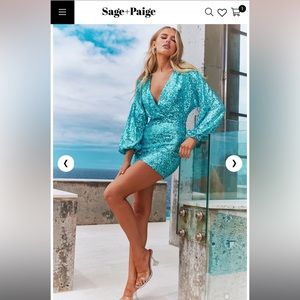SAGE & PAIGE “CHAMPAGNE MOMENTS” Mini Dress in Aqua, size Small (NWT)